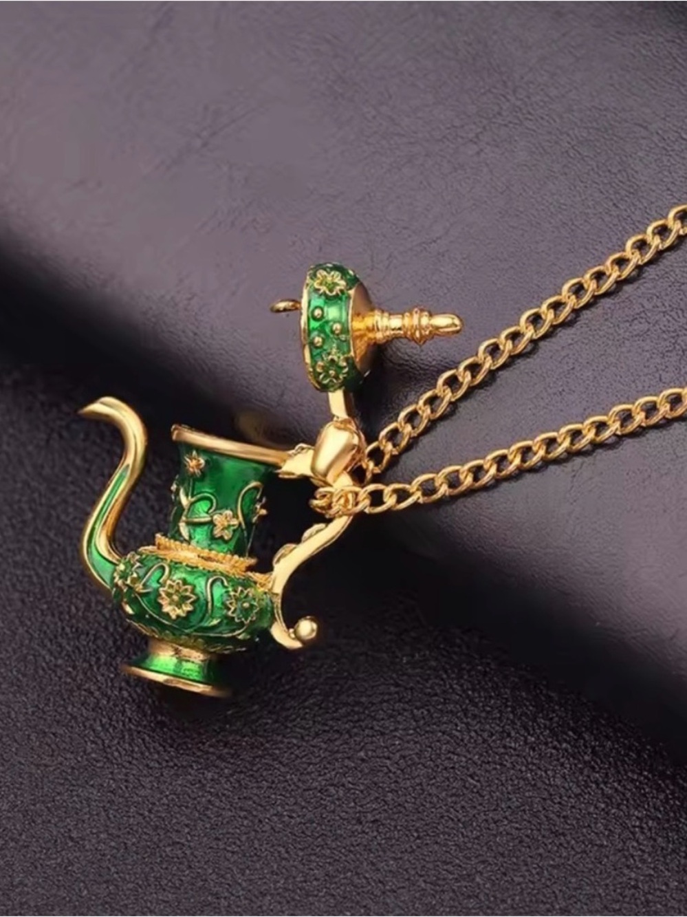 Vintage Green Teapot - Gold Enamel Long Chain Beautiful Necklace